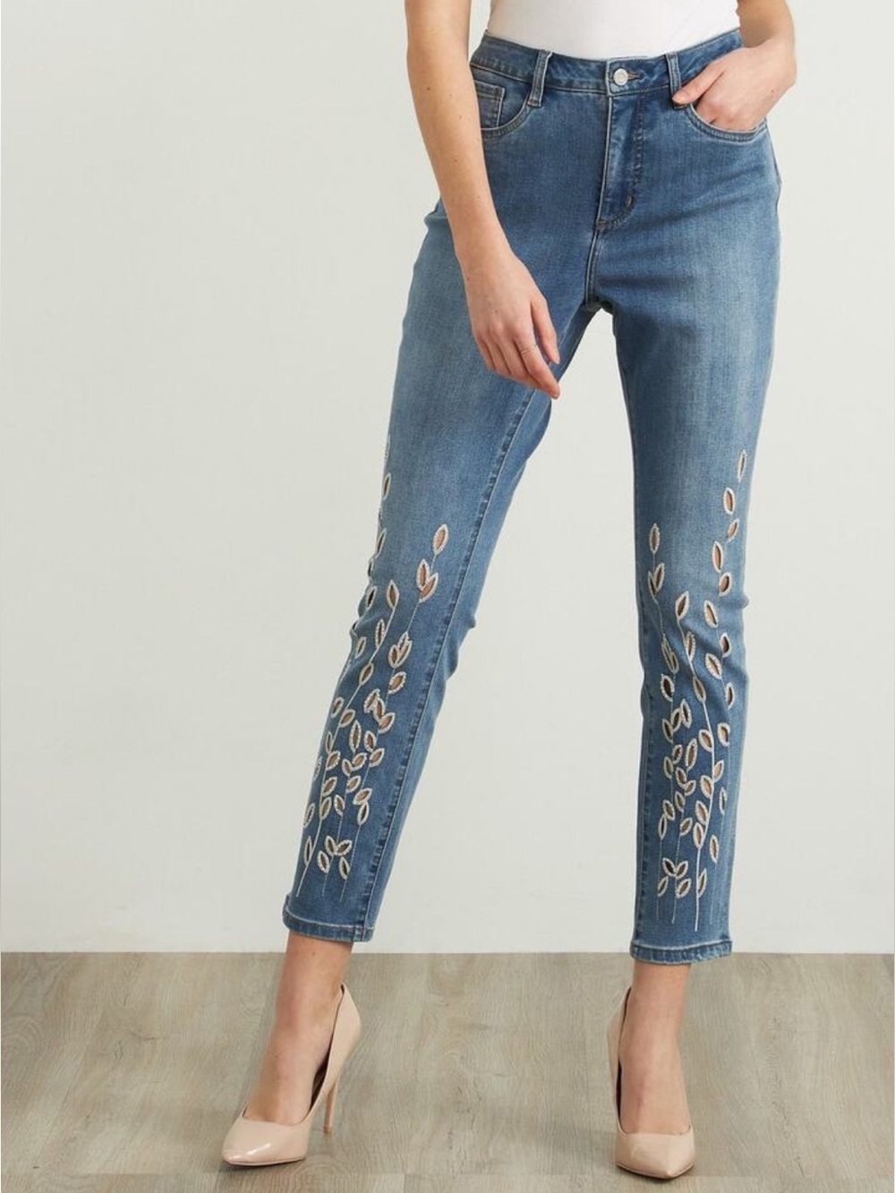 Joseph Ribkoff Cut-out Leaf Rhinestones Ankle Slim Fit Jeans Sz 16